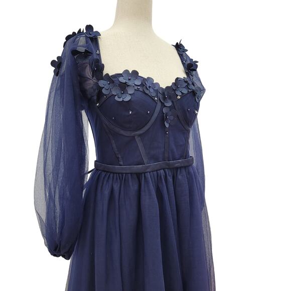 NWT Navy Blue Tulle Gown with Long Sleeves Floral Bodice Corset - Picture 6 of 10